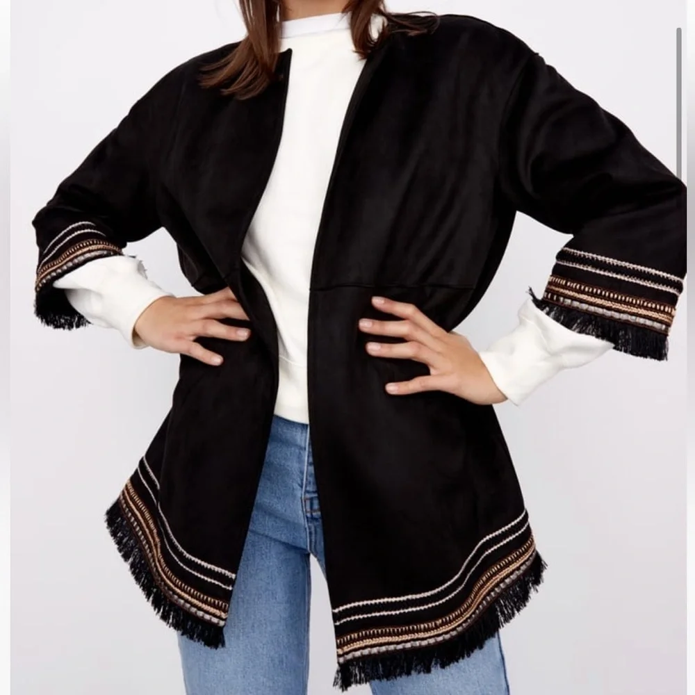 ZARA Combination Faux Suede Embroidered Fringe Hem Jacket Black